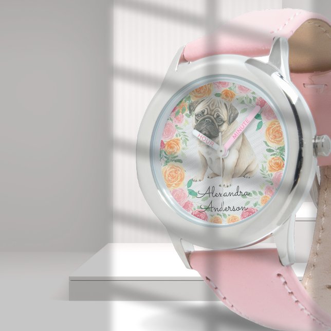 Cute Pug-valpen med vattenfärgblommor, eget namn Armbandsur (Skapare uppladdad)