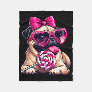 Cute Pug With Heart Sungles Bow Valentine Dog Mom  Fleecefilt