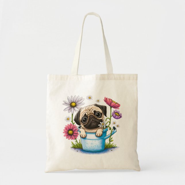 Cute Puggy Puppy med Flowers Tygkasse (Framsidan)