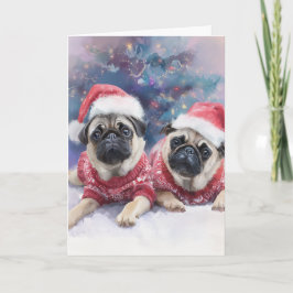 Cute Pugs Christmas Greeting Card Helgkort