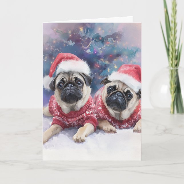Cute Pugs Christmas Greeting Card  Helgkort (Framsida)