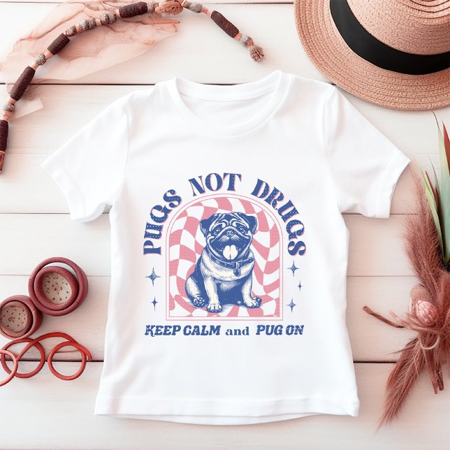 Cute 'Pugs Not drugs' Retro Pastel Rosa and Blue T Shirt (This fun design showcases an adorable retro pug with muted pink and colors.)
