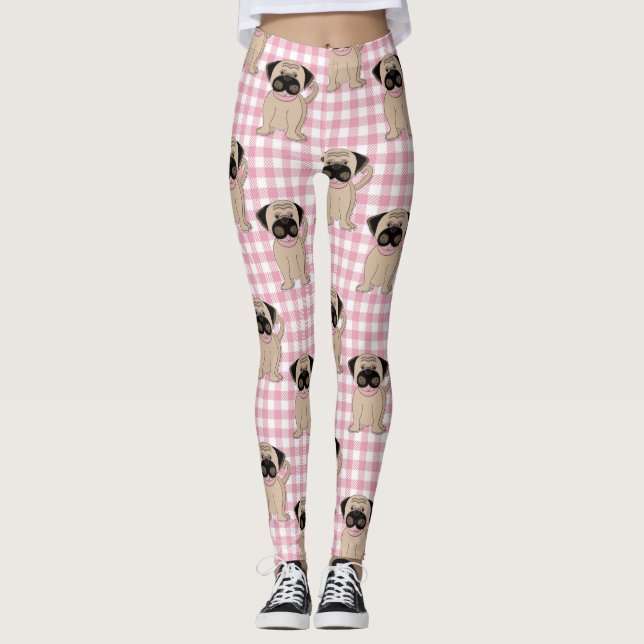 Cute Pugs på Rosa Checks Leggings (Framsida)