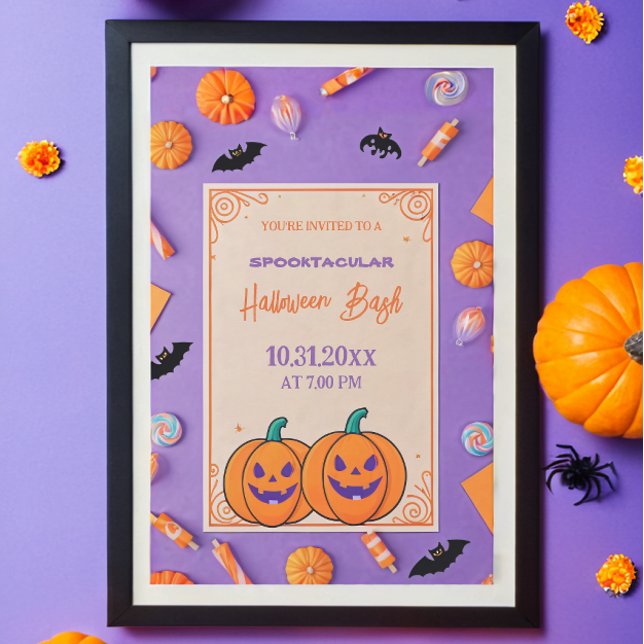 Cute pumkin Halloween Bash Orange Lila Inbjudningar (Skapare uppladdad)