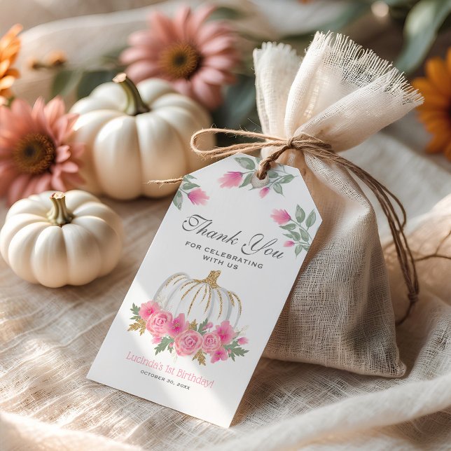 Cute Pumpkin-Blommigt 1:a födelsedagsförmånen Tack Presentetikett (Skapare uppladdad)