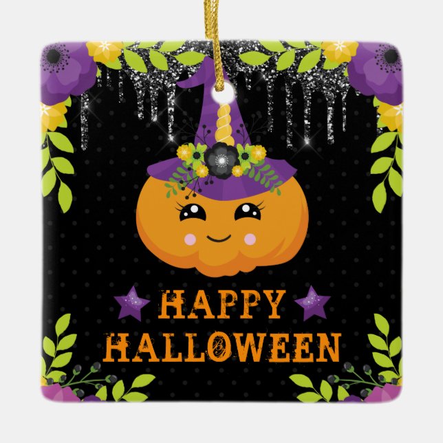 Cute Pumpkin Blommigt Happy halloween Julgransprydnad Keramik (Framsida)