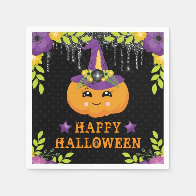 Cute Pumpkin Blommigt Happy halloween Pappersservett (Framsidan)