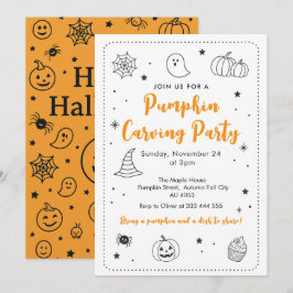 Cute Pumpkin Carving Party Halloween Doodles Inbjudningar