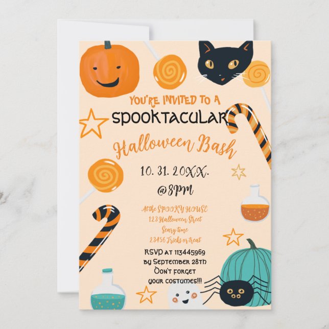 Cute Pumpkin Cat Candy Halloween Bash Anpassningsb Inbjudningar (Framsida)