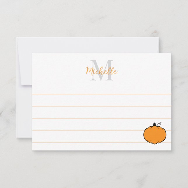 Cute Pumpkin Drawing Custom Monogram Lined Anteckningskort (Framsida)