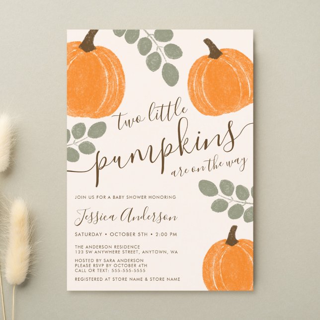Cute Pumpkin Eucalyptus Fall Twin Baby Shower Inbjudningar (Skapare uppladdad)