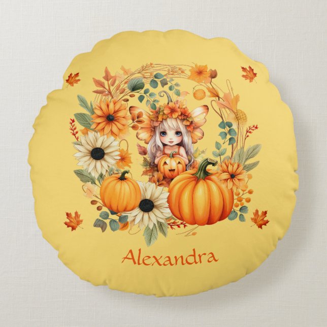 Cute Pumpkin Fairy in Autumn WANAN Rund Kudde (Framsidan)