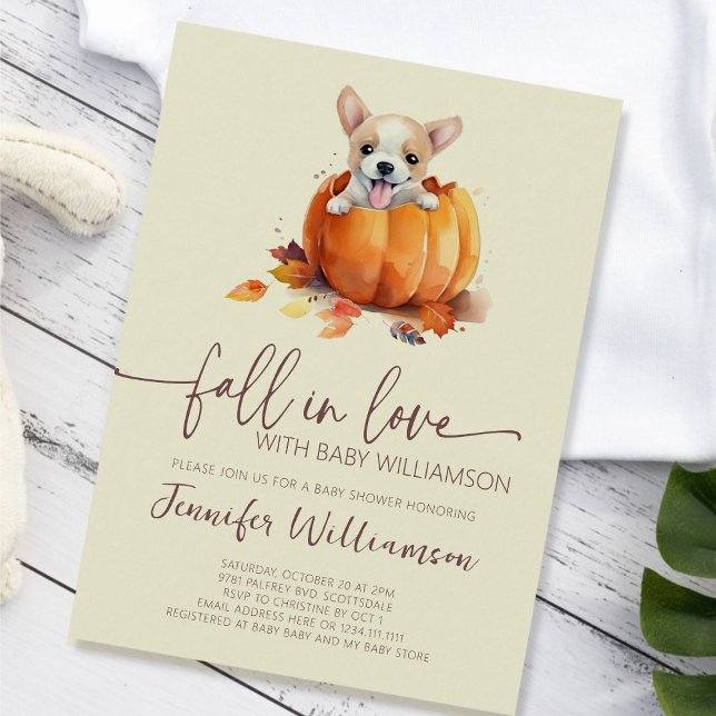 Cute Pumpkin Fall i Kärlek Baby Shower Inbjudningar (Cute Little Pumpkin Puppy Fall in Love Baby Shower Invitation)