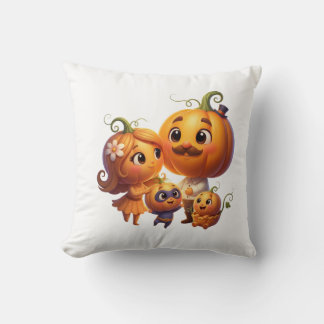 Cute Pumpkin Family Portrait Fall Throw Pillow Kudde