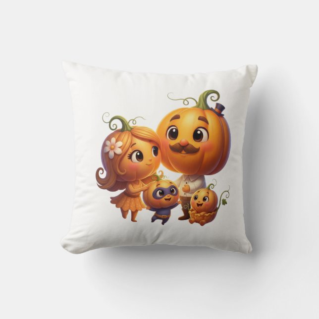 Cute Pumpkin Family Portrait Fall Throw Pillow Kudde (Framsida)