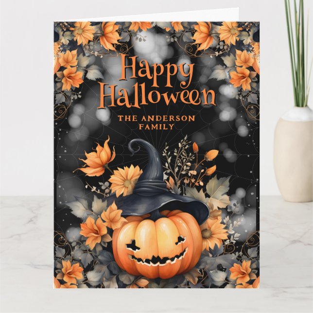Cute Pumpkin Ghost Blommigt Happy halloween Card Kort (Framsida)