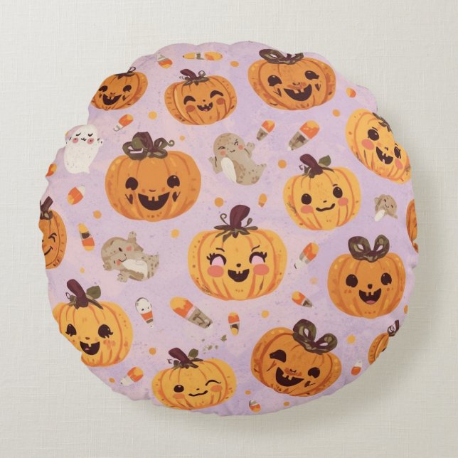 Cute Pumpkin Halloween Round Pillow Rund Kudde (Framsidan)