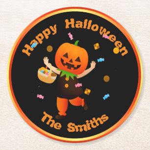 Cute Pumpkin Head Trick eller Treater Halloween Underlägg Papper Rund