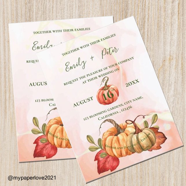 Cute Pumpkin höst löv Monogram Fall Wedding Inbjudan Vykort (Skapare uppladdad)