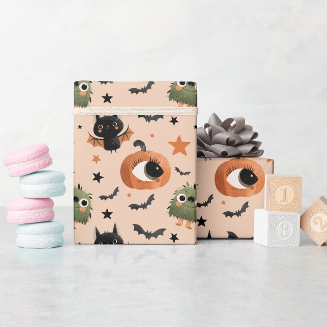 Cute Pumpkin Monster och Fladdermus Mönster Hallow Presentpapper (Baby Shower)