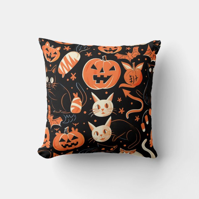 Cute Pumpkin och Cat Mönster Kudde (Framsida)