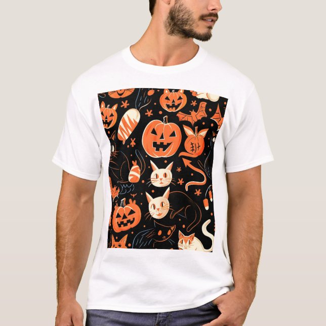 Cute Pumpkin och Cat Mönster T Shirt (Framsida)