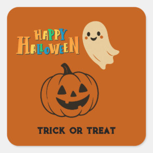 Cute Pumpkin och Friendly Ghost happy halloween Fyrkantigt Klistermärke