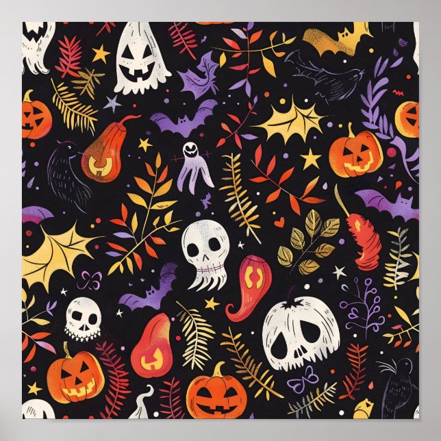 Cute Pumpkin och Skull Mönster Poster (Framsidan)