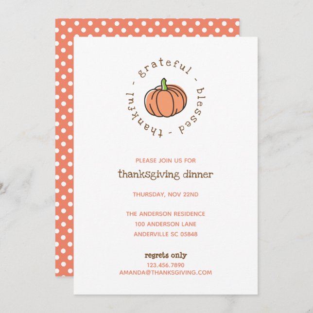 Cute Pumpkin Thankful Polka dots Thanksgiving Inbjudningar (Fram/baksida)