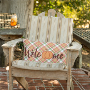 Cute Pumpkin Welcome Fall Orange Grönt Gingham Lumbarkudde