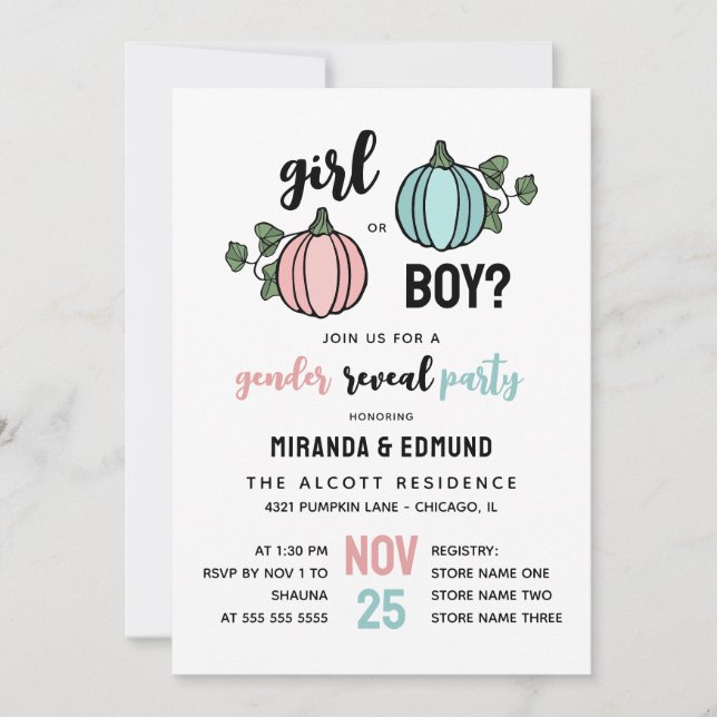 Cute Pumpkins Girl eller Boy Gender Reveal Inbjudningar (Framsida)