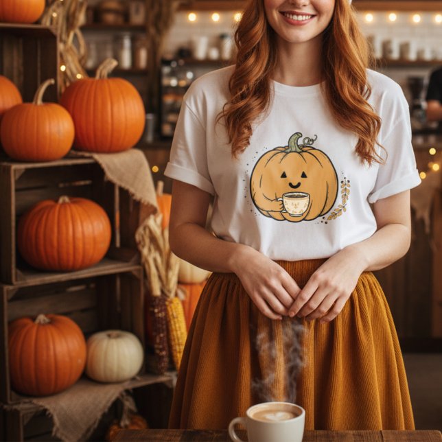Cute pumpor som håller kaffe mugg Fall T Shirt (Skapare uppladdad)