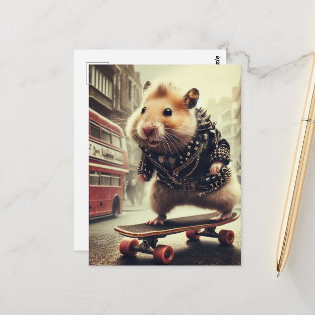 Cute Punk Skateboarding Hamster Doubledecker Buss Vykort (Fram/Back In Situ)