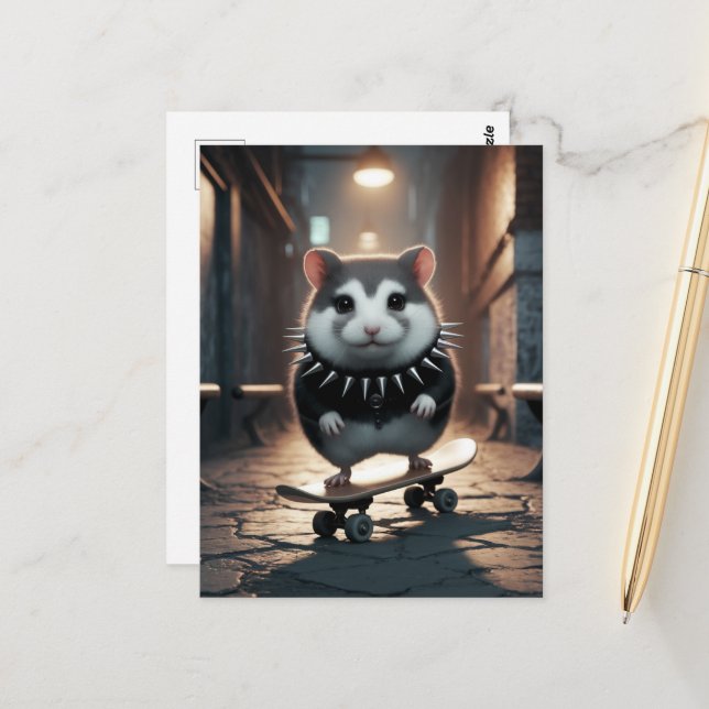 Cute Punk Spiked Collar Skateboarding Hamster Vykort (Fram/Back In Situ)