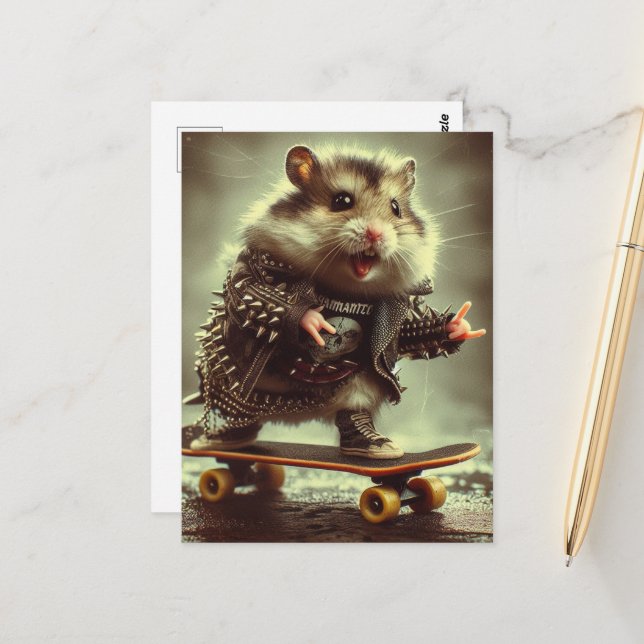 Cute Punk Spiked Jacka Skateboarding Hamster Vykort (Fram/Back In Situ)