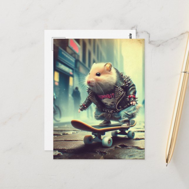 Cute Punk Sten Goth Skateboarding Hamster Vykort (Fram/Back In Situ)