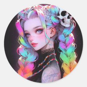 Cute Punk Sten Skull Goth Rainbow Braid Anime Girl Runt Klistermärke