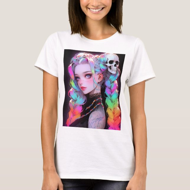 Cute Punk Sten Skull Goth Rainbow Braid Anime Girl T Shirt (Framsida)