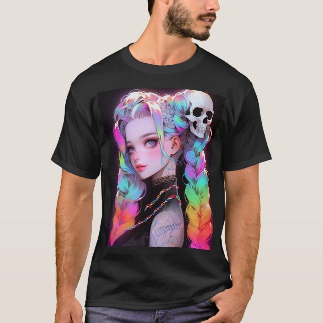 Cute Punk Sten Skull Goth Rainbow Braid Anime Girl T Shirt (Framsida)