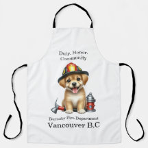 Cute puppen klädd som brandman med verktyg