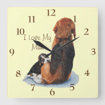 Cute puppes beagle cuddling mamma hund realist art