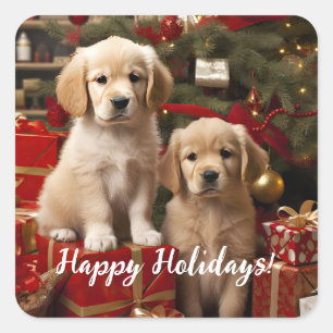 Cute Puppies Hundar Glad helg, jul Fyrkantigt Klistermärke