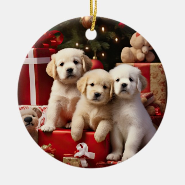 Cute Puppies Hundar Glad helg, jul Julgransprydnad Keramik (Framsidan)