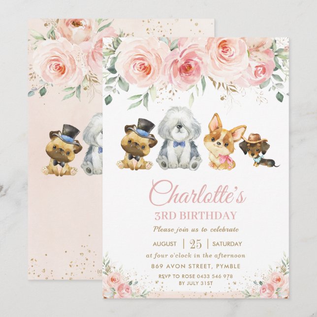 Cute Puppies Hundar  Rosa Blommigt Girl Birday Inbjudningar (Fram/baksida)