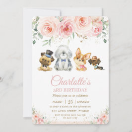 Cute Puppies Hundar  Rosa Blommigt Girl Birday Inbjudningar
