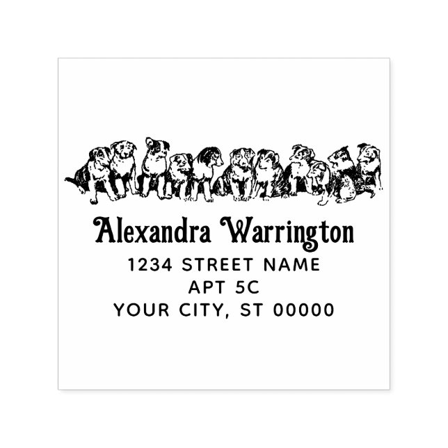 Cute Puppies Sitta i Line Namn Returadress Självfärgande Stämpel (Design)