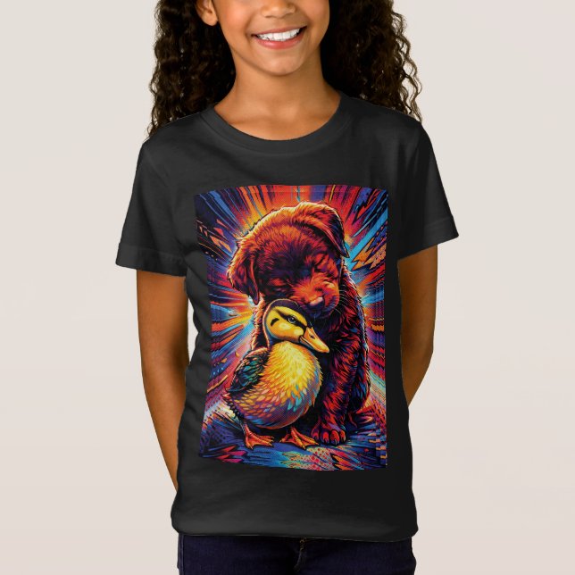 Cute Puppy and Duckling Hug Pop Art  T Shirt (Framsida)