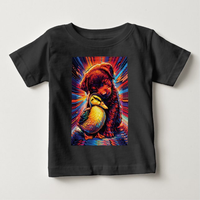 Cute Puppy and Duckling Hug Pop Art  T Shirt (Framsida)