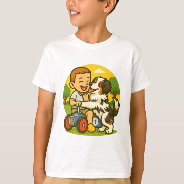 Cute Puppy and Kid Playtime T Shirt (Framsida)