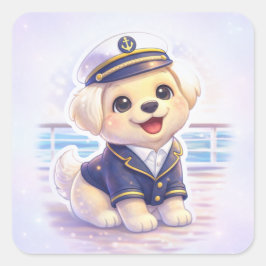 Cute Puppy Captain Square Sticker Fyrkantigt Klistermärke